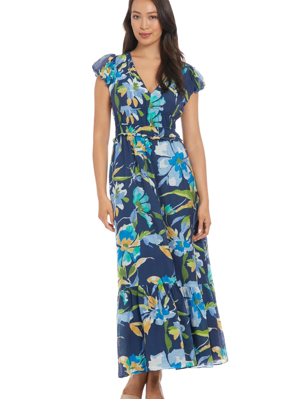 London Times Navy Floral V-Neck Maxi with Puff Sleeves